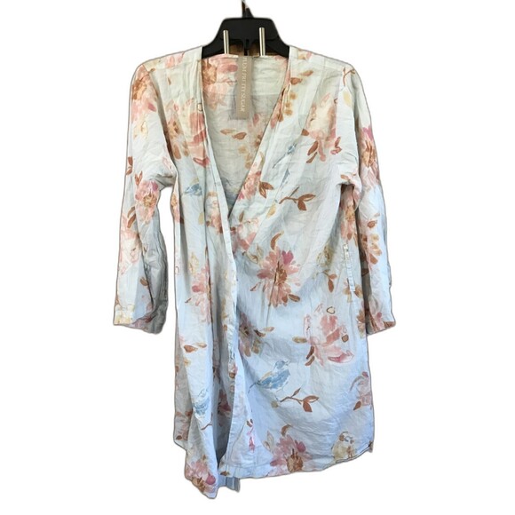 Plum Pretty Sugar Robe S Cotton Blue Floral Birds Long Sleeve Kimono Tie Short - Picture 2 of 9